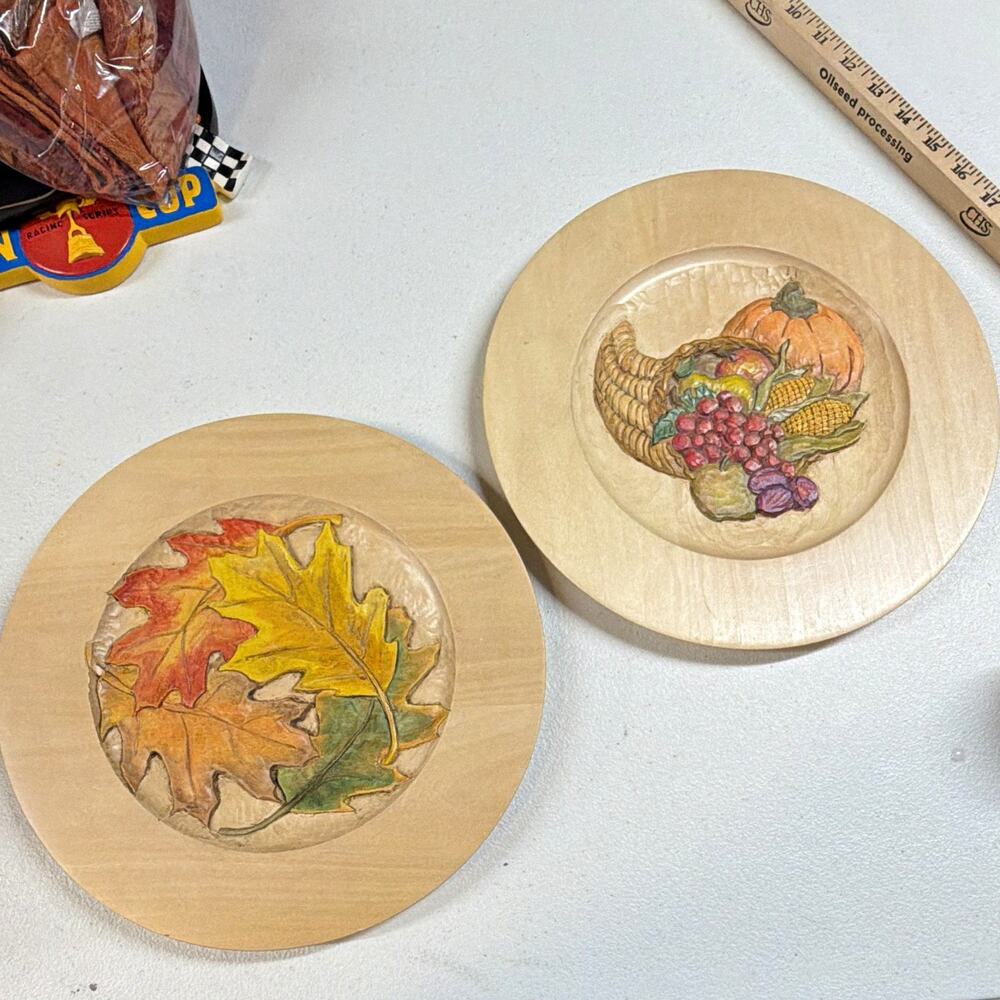 VTG Carved Nancy Larson Wood Decorative Plates Autumn Harvest Leaves Set 2 12"
